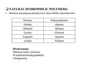  NATURAL HYDROPHILIC POLYMERS:
• Proteins and polysaccharides have been further classified into:
Proteins Polysaccharides
Gelatin alginate
Albumin Dextran
Lectins Chitosan
Legumin Agarose
viciline Pullulan
Disadvantage:
•Batch to batch variations
•Conditional biodegradability
•Antigenicity.
 