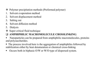  Polymer precipitation methods (Preformed polymer)
1. Solvent evaporation method
2. Solvent displacement method
3. Salting out
4. Solvent diffusion method
5. Dialysis
 Super critical fluid technique
 AMPHIPHILIC MACROMOLECULE CROSSLINKING:
 Nanoparticles can be prepared from amphiphilic macromolecules, proteins
and polysaccharides.
 The process involved here is the aggregation of amphiphiles followed by
stabilization either by heat denaturation or chemical cross-linking
 Occurs both in biphasic O/W or W/O type of dispersed system.
 