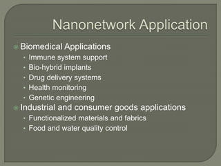  Biomedical Applications
• Immune system support
• Bio-hybrid implants
• Drug delivery systems
• Health monitoring
• Genetic engineering
 Industrial and consumer goods applications
• Functionalized materials and fabrics
• Food and water quality control
 