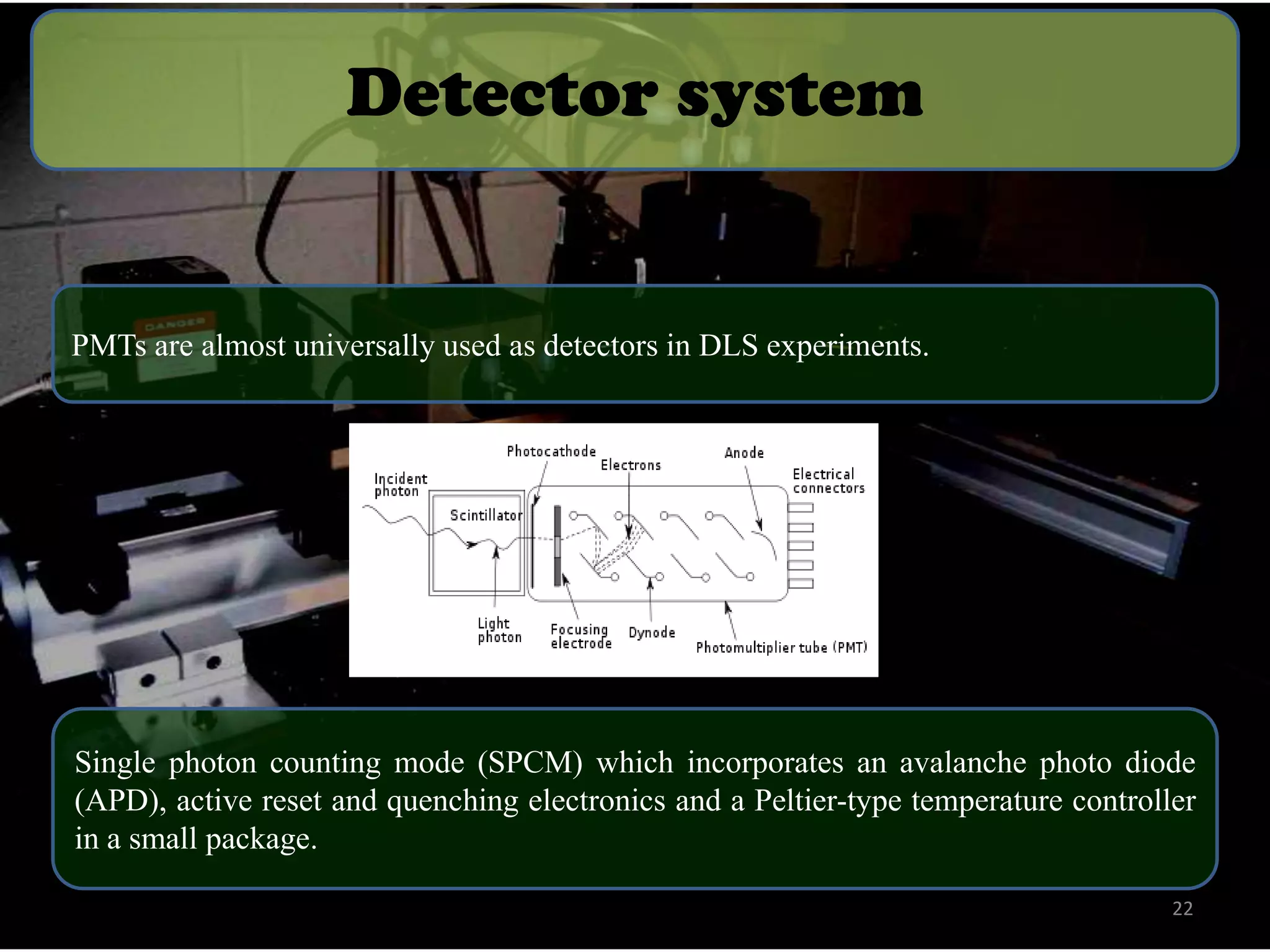 Detector system

PMTs are almost universally used as detectors in DLS experiments.

Single photon counting mode (SPCM) which incorporates an avalanche photo diode
(APD), active reset and quenching electronics and a Peltier-type temperature controller
in a small package.
22

 
