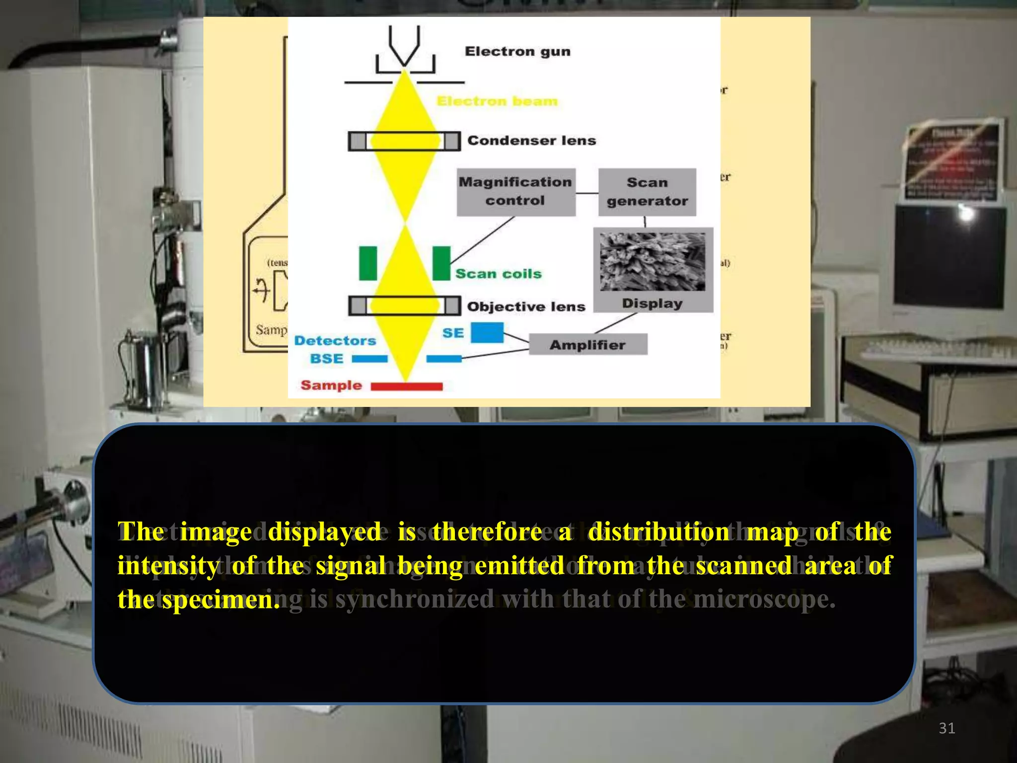 The typical SEM, the beam passes distribution of scanning
Electronic displayed used to detect & amplify the signals &
In a imagedevices are is therefore athrough pairs map of the
intensity of the deflector on a in from the scanned to
display pairs of an image platescathode ray tube in which of
coils or them as signal being emittedthe electron columnareathe
raster scanning deflect the beam horizontally & vertically.
final lens, whichis synchronized with that of the microscope.
the specimen.

31

 