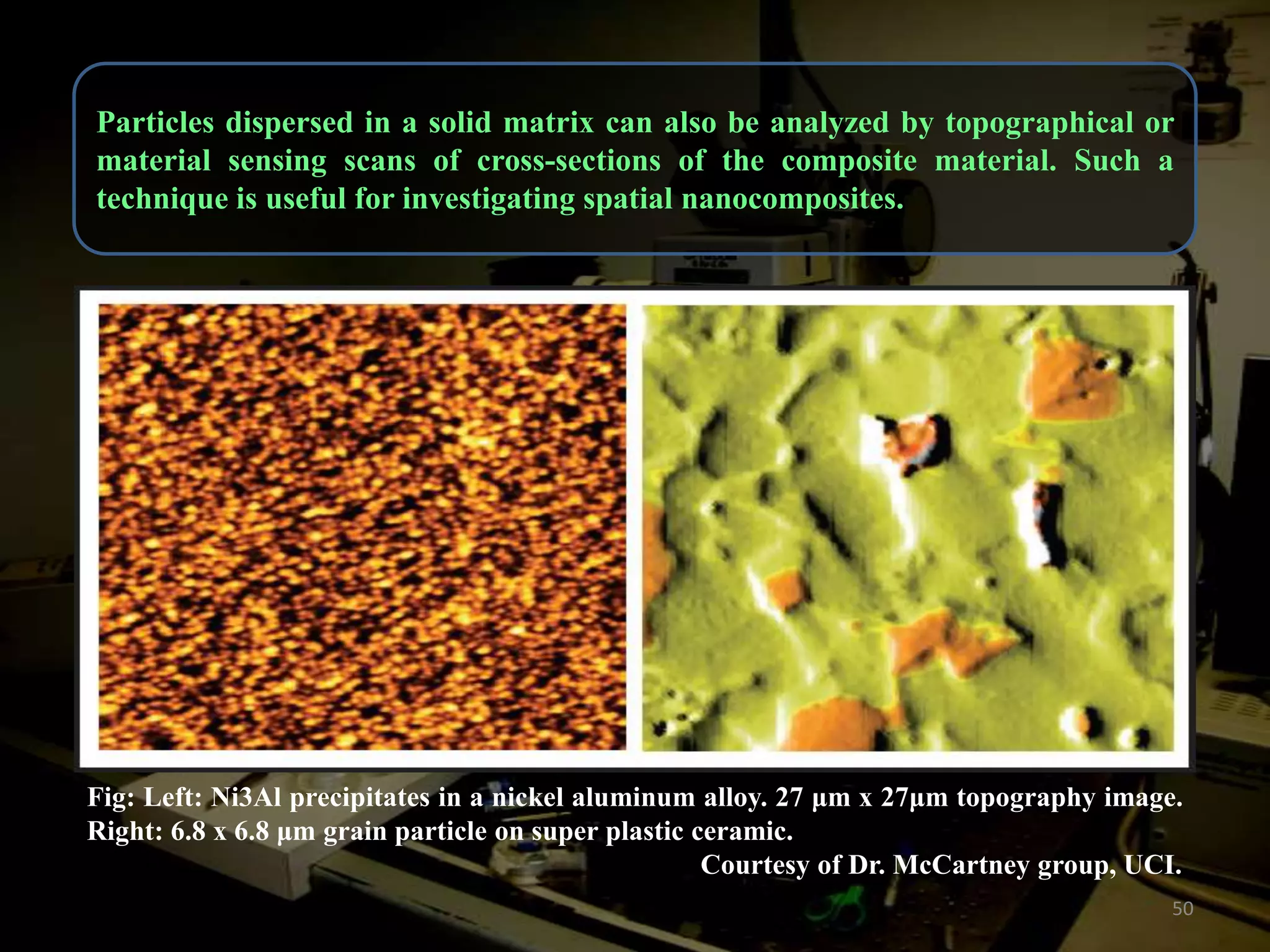 Particles dispersed in a solid matrix can also be analyzed by topographical or
material sensing scans of cross-sections of the composite material. Such a
technique is useful for investigating spatial nanocomposites.

Fig: Left: Ni3Al precipitates in a nickel aluminum alloy. 27 μm x 27μm topography image.
Right: 6.8 x 6.8 μm grain particle on super plastic ceramic.
Courtesy of Dr. McCartney group, UCI.
50

 