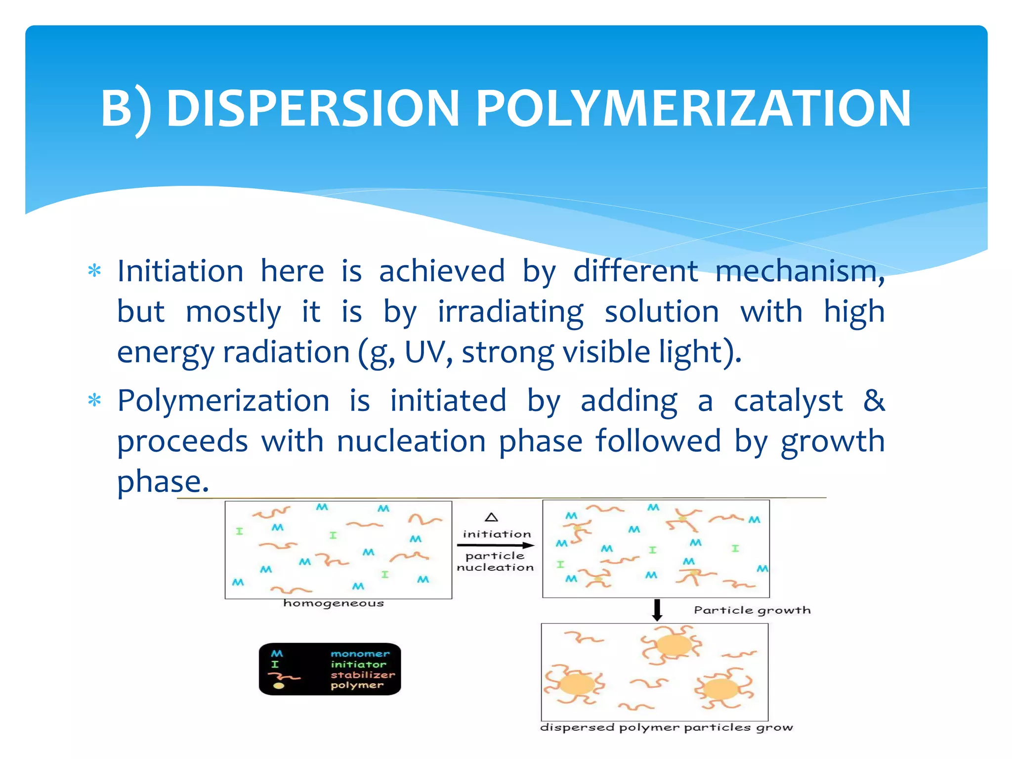 B) DISPERSION POLYMERIZATION
17
 Initiation here is achieved by different mechanism,
but mostly it is by irradiating solution with high
energy radiation (g, UV, strong visible light).
 Polymerization is initiated by adding a catalyst &
proceeds with nucleation phase followed by growth
phase.
 