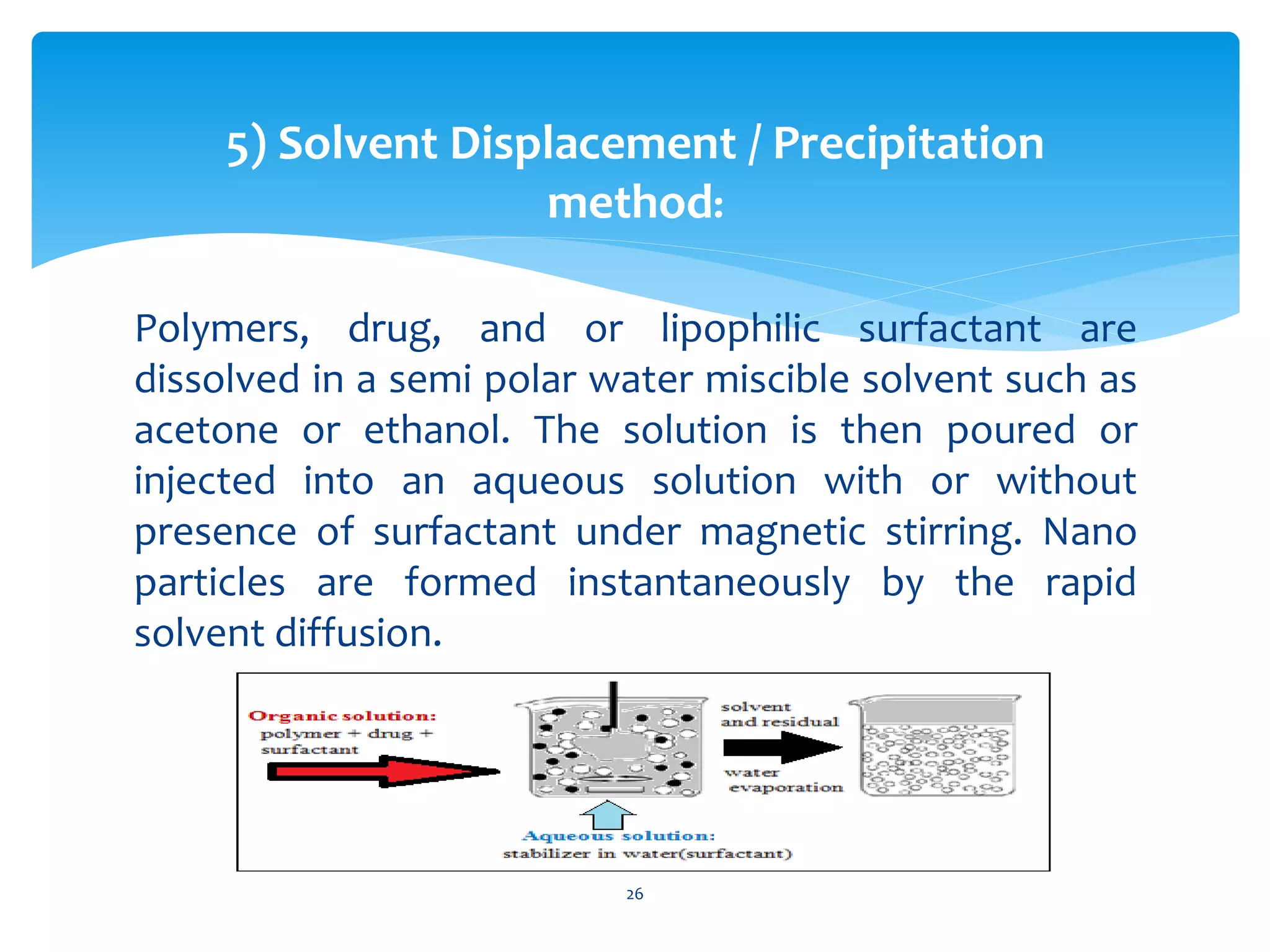 5) Solvent Displacement / Precipitation
method:
Polymers, drug, and or lipophilic surfactant are
dissolved in a semi polar water miscible solvent such as
acetone or ethanol. The solution is then poured or
injected into an aqueous solution with or without
presence of surfactant under magnetic stirring. Nano
particles are formed instantaneously by the rapid
solvent diffusion.
26
 