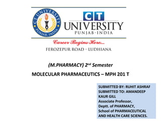 SUBMITTED BY: RUHIT ASHRAF
SUBMITTED TO: AMANDEEP
KAUR GILL
Associate Professor,
Deptt. of PHARMACY,
School of PHARMACEUTICAL
AND HEALTH CARE SCIENCES.
(M.PHARMACY) 2nd
Semester
MOLECULAR PHARMACEUTICS – MPH 201 T
 
