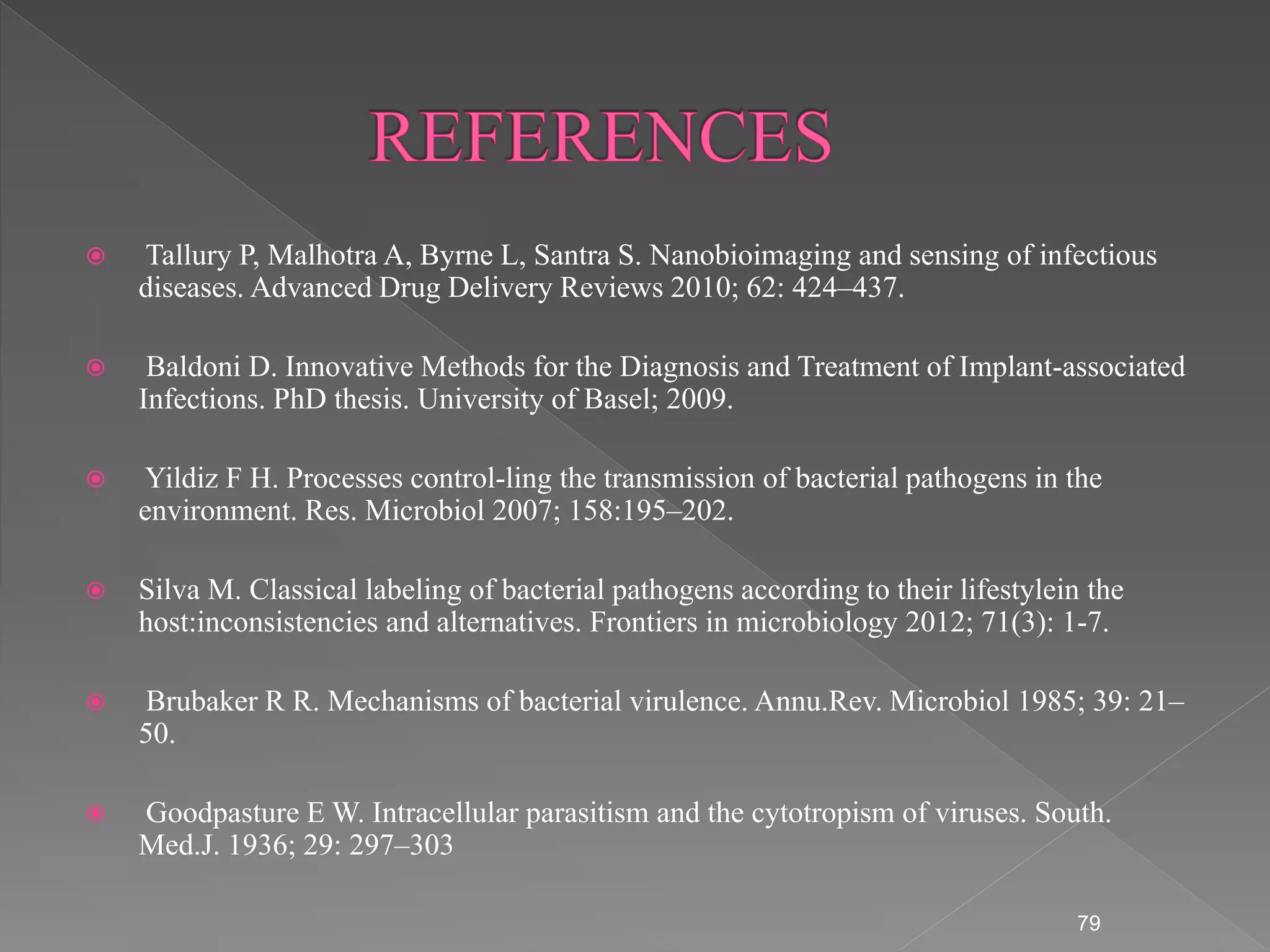  Tallury P, Malhotra A, Byrne L, Santra S. Nanobioimaging and sensing of infectious
diseases. Advanced Drug Delivery Reviews 2010; 62: 424–437.
 Baldoni D. Innovative Methods for the Diagnosis and Treatment of Implant-associated
Infections. PhD thesis. University of Basel; 2009.
 Yildiz F H. Processes control-ling the transmission of bacterial pathogens in the
environment. Res. Microbiol 2007; 158:195–202.
 Silva M. Classical labeling of bacterial pathogens according to their lifestylein the
host:inconsistencies and alternatives. Frontiers in microbiology 2012; 71(3): 1-7.
 Brubaker R R. Mechanisms of bacterial virulence. Annu.Rev. Microbiol 1985; 39: 21–
50.
 Goodpasture E W. Intracellular parasitism and the cytotropism of viruses. South.
Med.J. 1936; 29: 297–303
79
 
