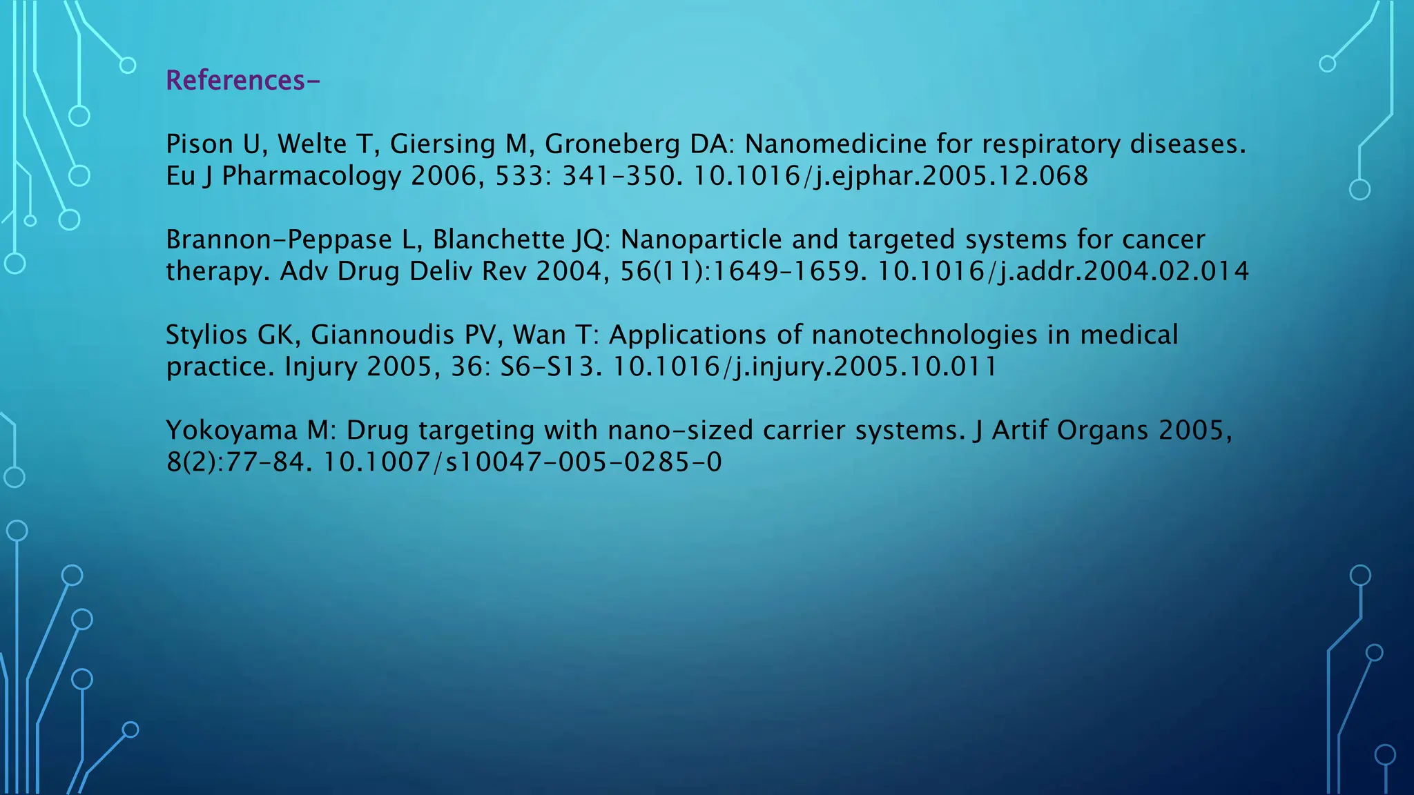 References-
Pison U, Welte T, Giersing M, Groneberg DA: Nanomedicine for respiratory diseases.
Eu J Pharmacology 2006, 533: 341–350. 10.1016/j.ejphar.2005.12.068
Brannon-Peppase L, Blanchette JQ: Nanoparticle and targeted systems for cancer
therapy. Adv Drug Deliv Rev 2004, 56(11):1649–1659. 10.1016/j.addr.2004.02.014
Stylios GK, Giannoudis PV, Wan T: Applications of nanotechnologies in medical
practice. Injury 2005, 36: S6-S13. 10.1016/j.injury.2005.10.011
Yokoyama M: Drug targeting with nano-sized carrier systems. J Artif Organs 2005,
8(2):77–84. 10.1007/s10047-005-0285-0
 