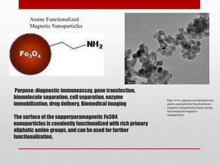 Purpose: diagnostic immunoassay, gene transfection,
biomolecule separation, cell separation, enzyme
immobilization, drug delivery, Biomedical imaging
The surface of the supperparamagnetic Fe3O4
nanoparticles is covalently functionalized with rich primary
aliphatic amine groups, and can be used for further
functionalization.
Amine Functionalized
Magnetic Nanoparticles
http://www.gignano.com/products/ma
gnetic-nanoparticles/functionalized-
magnetic-nanoparticles/amino-group-
functionalized-magnetic-
nanoparticles/
 
