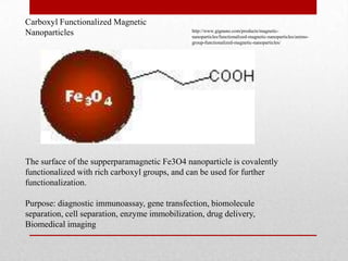 Carboxyl Functionalized Magnetic
Nanoparticles
The surface of the supperparamagnetic Fe3O4 nanoparticle is covalently
functionalized with rich carboxyl groups, and can be used for further
functionalization.
Purpose: diagnostic immunoassay, gene transfection, biomolecule
separation, cell separation, enzyme immobilization, drug delivery,
Biomedical imaging
http://www.gignano.com/products/magnetic-
nanoparticles/functionalized-magnetic-nanoparticles/amino-
group-functionalized-magnetic-nanoparticles/
 