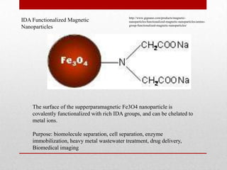 IDA Functionalized Magnetic
Nanoparticles
The surface of the supperparamagnetic Fe3O4 nanoparticle is
covalently functionalized with rich IDA groups, and can be chelated to
metal ions.
Purpose: biomolecule separation, cell separation, enzyme
immobilization, heavy metal wastewater treatment, drug delivery,
Biomedical imaging
http://www.gignano.com/products/magnetic-
nanoparticles/functionalized-magnetic-nanoparticles/amino-
group-functionalized-magnetic-nanoparticles/
 