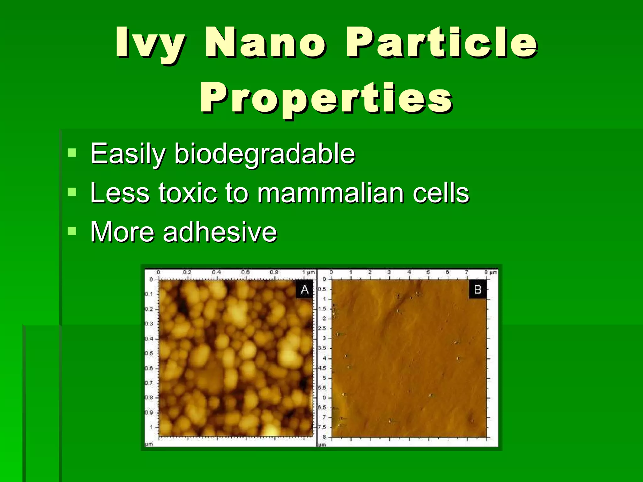 Ivy Nano Particle Properties Easily biodegradable  Less toxic to mammalian cells More adhesive  