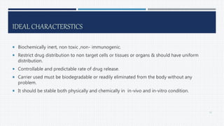 IDEAL CHARACTERSTICS
 Biochemically inert, non toxic ,non- immunogenic.
 Restrict drug distribution to non target cells or tissues or organs & should have uniform
distribution.
 Controllable and predictable rate of drug release.
 Carrier used must be biodegradable or readily eliminated from the body without any
problem.
 It should be stable both physically and chemically in in-vivo and in-vitro condition.
11
 