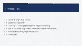 ADVANTAGES
 1) Control & target drug release
 2) Good biocompatibility
 3) Feasibility of carrying both lipophilic & hydrophilic drugs
 4) High & enhanced drug content when compared to other carriers
 5) Improves the stability of pharmaceuticals
 6) Low toxicity
37
 