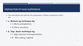 PREPARATION OF NANO SUSPENSIONS
 Two techniques are used for the preparation of Nano suspensions which
are
 a. Bottom-up technique by;
 I. Micro precipitation,
 II. Micro emulsion
 b. Top- down technique by;
 I. High pressure homogenization,
 II. Wet milling method
56
 