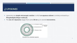 5) LIPOSOMES
 Liposomes are simple microscopic vesicles in which an aqueous volume is entirely enclosed by a
Phospholipids bilayer molecule.
 The size of a liposome ranges from some 20 nm up to several micrometres.
60
 