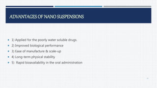 ADVANTAGES OF NANO SUSPENSIONS
 1) Applied for the poorly water soluble drugs.
 2) Improved biological performance
 3) Ease of manufacture & scale-up
 4) Long-term physical stability
 5) Rapid bioavailability in the oral administration
55
 