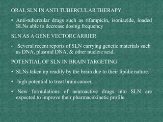 ORAL SLN IN ANTI TUBERCULARTHERAPY
▪ Anti-tubercular drugs such as rifampicin, isoniazide, loaded
SLNs able to decrease dosing frequency
SLN AS A GENE VECTORCARRIER
▪ Several recent reports of SLN carrying genetic materials such
as DNA, plasmid DNA, & other nucleic acid.
POTENTIAL OF SLN IN BRAIN TARGETING
▪ SLNs taken up readily by the brain due to their lipidic nature.
▪ high potential to treat brain cancer.
▪ New formulations of neuroactive drugs into SLN are
expected to improve their pharmacokinetic profile
 