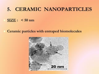 5. CERAMIC NANOPARTICLES
 SIZE : < 50 nm
 Ceramic particles with entraped biomolecules
 