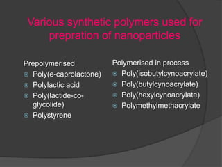 Various synthetic polymers used for
prepration of nanoparticles
Prepolymerised
 Poly(e-caprolactone)
 Polylactic acid
 Poly(lactide-co-
glycolide)
 Polystyrene
Polymerised in process
 Poly(isobutylcynoacrylate)
 Poly(butylcynoacrylate)
 Poly(hexylcynoacrylate)
 Polymethylmethacrylate
 