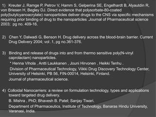 1) Kreuter J, Ramge P, Petrov V, Hamm S, Gelperina SE, Engelhardt B, Alyautdin R,
von Briesen H, Begley DJ. Direct evidence that polysorbate-80-coated
poly(butylcyanoacrylate) nanoparticles deliver drugs to the CNS via specific mechanisms
requiring prior binding of drug to the nanoparticles .Journal of Pharmaceutical science
2003; pg no. 409-16.
2) Chen Y, Dalwadi G, Benson H. Drug delivery across the blood-brain barrier. Current
Drug Delivery 2004; vol .1, pg no.361-376.
3) Binding and release of drugs into and from thermo sensitive poly(N-vinyl
caprolactam) nanoparticles.
* Henna Vihola , Antti Laukkanen , Jouni Hirvonen , Heikki Tenhu .
Division of Pharmaceutical Technology, Viikki Drug Discovery Technology Center,
University of Helsinki, PB 56, FIN-00014, Helsinki, Finland.
Journal of pharmaceutical science.
4) Colloidal Nanocarriers: a review on formulation technology, types and applications
toward targeted drug delivery.
B. Mishra , PhD; Bhavesh B. Patel; Sanjay Tiwari.
Department of Pharmaceutics, Institute of Technology, Banaras Hindu University,
Varanasi, India.
 
