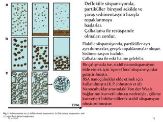 Defloküle süspansiyonda,
partiküller bireysel sekilde ve
yavaş sedimentasyon hızıyla
topaklanmaya
başlarlar.
Çalkalama ile resüspande
olmaları zordur.
Floküle süspansiyonda, partiküller ayrı
ayrı durmazlar, gevşek topaklanmalar oluşur.
Sedimentasyon hızlıdır.
Çalkalanma ile eski haline gelebilir.
Bir çalışmada ise, stabil nanosüspansiyon
elde etmek için ‘open-flocs’ süspansiyonlar
geliştirilmiştir.
BSA nanoçubuklar elde etmek için
kullanılmıştır.(K.P. Johnston et al)
Nanoçubuklar arasındaki Van der Waals
bağlarının kuvvetli olması nedeniyle , çökme
kuvvetleri İnhibe edilerek stabil süspansyon
oluşturulmuştur.
12.4.2016 13
 