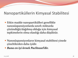 Nanopartiküllerin Kimyasal Stabilitesi
 Etkin madde nanopartikülleri genellikle
nanosüspansiyonlarda sınırlı miktarda
çözündüğü/dağılmış olduğu için kimyasal
tepkimelerin olma olasılığı daha düşüktür.
 Nanosüspansiyonların kimyasal stabilitesi yinede
çözeltilerden daha iyidir.
 Buna en iyi örnek Paclitaxel’dir.
12.4.2016 36
 