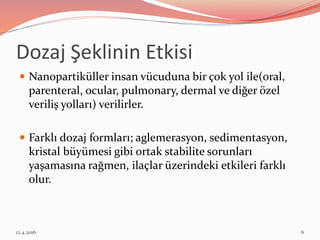 Dozaj Şeklinin Etkisi
 Nanopartiküller insan vücuduna bir çok yol ile(oral,
parenteral, ocular, pulmonary, dermal ve diğer özel
veriliş yolları) verilirler.
 Farklı dozaj formları; aglemerasyon, sedimentasyon,
kristal büyümesi gibi ortak stabilite sorunları
yaşamasına rağmen, ilaçlar üzerindeki etkileri farklı
olur.
12.4.2016 6
 
