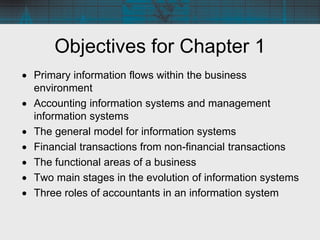 Objectives for Chapter 1
 Primary information flows within the business
environment
 Accounting information systems and ...