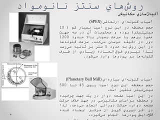 ‌‫‌هاي‬
‫ش‬‫رو‬
‫سنتز‌نانومواد‬
11
‌‫آلیاژسازي‬
‫مكانیكي‬
(SPEX) ‌‫‌اي‬
‫ه‬‫آسياب‌گلول‬
‫ارتعاشي‬
‌‫حجم‌محفظه‌در‌اين‌نوع‌اسيا‌بسيار‌كم‬
(
10
‫‌ليتر‬
‫ي‬‫ميل‬
)
‌‫بوده‬
‌‫و‌محتويات‬
‌‫آن‌در‌سه‌جهتت‬
‌‫عمود‌برهم‌با‌سرعت‌بسيار‌باال‬
‌‫حتدود‬
1200
‌‫‌نوسان‬‫‌دقيقه‬‫‌در‬‫دور‬
‫‌كند‬
‫ي‬‫م‬
.
‌‫سرعت‬
‌‫‌ها‬
‫ه‬‫گلول‬
‌‫در‌اين‌روش‬
‌‫به‌حدود‬
5
‌‫متر‌بر‌ثانيه‬
‌‫‌رسد‬
‫ي‬‫م‬
‌‫تروي‬
‫تذا‌نيت‬
‫لت‬
‌‫تاده‬
‫‌العت‬
‫ق‬‫فو‬
‌‫تادي‌از‬
‫زيت‬
‌‫ترف‬
‫طت‬
‌‫‌ها‬
‫ه‬‫گلول‬
‌‫بر‌پودرها‌وارد‬
‫‌شود‬
‫ي‬‫م‬
.
(Planetary Ball Mill) ‫‌اي‬
‫ه‬‫‌اي‌سيار‬
‫ه‬‫اسياب‌گلول‬
‌‫حجم‌محفظه‌اين‌نوع‌اسيا‌بتين‬
45
‌‫تتا‬
500
‫‌ليتر‌متغير‌است‬
‫ي‬‫ميل‬
.
‌‫در‌اين‌اسيا‌صفحه‌دوار‌در‌يك‌جهت‌چرخيده‬
‌‫و‌محفظه‌براساس‬
‌‫مكانيزمي‌در‌جهت‌خالف‌حركت‬
‌،‫صفحه‌دوار‬
‌‫حركت‌دوراني‬
‌‫انجام‬
‫‌دهد‬
‫ي‬‫م‬
.
‌‫لذا‬
‌‫در‌اثر‌نيروي‌گريز‌از‌مركتز‌ايجتاد‬
‌‫شتده‬
‌‫خردايش‬
‌‫پودرها‌انجام‬
‫‌گيرد‬
‫ي‬‫م‬
.
 
