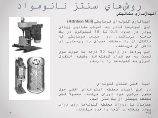 ‌‫‌هاي‬
‫ش‬‫رو‬
‫سنتز‌نانومواد‬
12
‌‫آلیاژسازي‬
‫مكانیكي‬
(Attrition Mill) ‌‫اسياكاري‬
‌‫‌اي‬
‫ه‬‫گلول‬
‫فرسايشي‬
‫اين‬
‫‌ها‬
‫ب‬‫اسيا‬
‫قادر‬
‫به‬
‫اسياب‬
‫مقادير‬
‫زيادي‬
‫پودر‬
‫در‬
‫حدود‬
0.5
‫تا‬
40
‫كيلوگرم‬
‫در‬
‫يك‬
‫مرحله‬
‫‌باشند‬
‫ي‬‫م‬
.
‫در‬
‫اسياب‬
‫فرسايشي‬
‫كه‬
‫متشكل‬
‫از‬
‫يك‬
‫محفظه‬
‫عمودي‬
‫با‬
‫‌هايي‬
‫ه‬‫پر‬
‫در‬
‫داخل‬
‫آن‬
‫‌باشد‬
‫ي‬‫م‬
.
‫اين‬
‫‌ها‬
‫ه‬‫پر‬
‫در‬
‫زاويه‬
90
‫درجه‬
‫به‬
‫صورت‬
‫سري‬
‫نسبت‬
‫به‬
‫هم‬
‫قرار‬
‫‌اند‬
‫ه‬‫گرفت‬
‫وظيفه‬
‫انتقال‬
‫انرژي‬
‫به‬
‫‌ها‬
‫ه‬‫گلول‬
‫را‬
‫دارند‬
.
‫اسيا‬
‫افقي‬
‫غلتان‬
‫‌اي‬
‫ه‬‫گلول‬
‫در‬
‫اين‬
‫اسياب‬
‫محفظه‬
‫‌اي‬
‫ه‬‫استوان‬
‫افقي‬
‫حول‬
‫محور‬
‫مركزي‬
‫خود‬
‫دوران‬
‫‌كند‬
‫ي‬‫م‬
.
‫معموال‬
‫قطر‬
‫محفظه‬
‫بيشتر‬
‫از‬
‫يك‬
‫متر‬
‫است‬
.
‫همزمان‬
‫با‬
‫دوران‬
‫محفظه‬
‫‌ها‬
‫ه‬‫گلول‬
‫روي‬
‫ذرات‬
‫پودر‬
‫ريخته‬
‫و‬
‫‌ها‬
‫ن‬‫آ‬
‫را‬
‫خرد‬
‫‌كنند‬
‫ي‬‫م‬
.
 