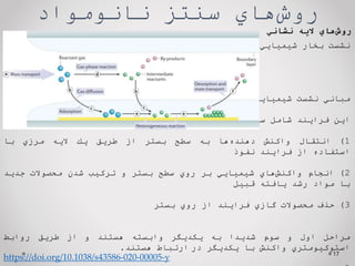 ‌‫‌هاي‬
‫ش‬‫رو‬
‫سنتز‌نانومواد‬
17
‫نشست‬
‫بخار‬
‫شيميايي‬
CVD
‫مباني‬
‫نشست‬
‫شيميايي‬
‫بخار‬
:
‫اين‬
‫فرايند‬
‫شامل‬
‫سه‬
‫مرحله‬
‫است‬
:
1
)
‫انتقال‬
‫واكنش‬
‫‌ها‬
‫ه‬‫دهند‬
‫به‬
‫سطح‬
‫بستر‬
‫از‬
‫طريق‬
‫يك‬
‫اليه‬
‫مرزي‬
‫با‬
‫استفاده‬
‫از‬
‫فرايند‬
‫نفوذ‬
2
)
‫انجام‬
‫‌هاي‬
‫ش‬‫واكن‬
‫شيميايي‬
‫بر‬
‫روي‬
‫سطح‬
‫بستر‬
‫و‬
‫تركيب‬
‫شدن‬
‫محصوالت‬
‫جديد‬
‫با‬
‫مواد‬
‫رشد‬
‫يافته‬
‫قبيل‬
3
)
‫حذف‬
‫محصوالت‬
‫گازي‬
‫فرايند‬
‫از‬
‫روي‬
‫بستر‬
‫مراحل‬
‫اول‬
‫و‬
‫سوم‬
‫شديدا‬
‫به‬
‫يكديگر‬
‫وابسته‬
‫هستند‬
‫و‬
‫از‬
‫طريق‬
‫روابط‬
‫استوكيومتري‬
‫واكنش‬
‫با‬
‫يكديگر‬
‫در‬
‫ارتباط‬
‫هستند‬
.
‌‫‌هاي‬
‫ش‬‫رو‬
‫الیه‬
‫نشاني‬
https://doi.org/10.1038/s43586-020-00005-y
 