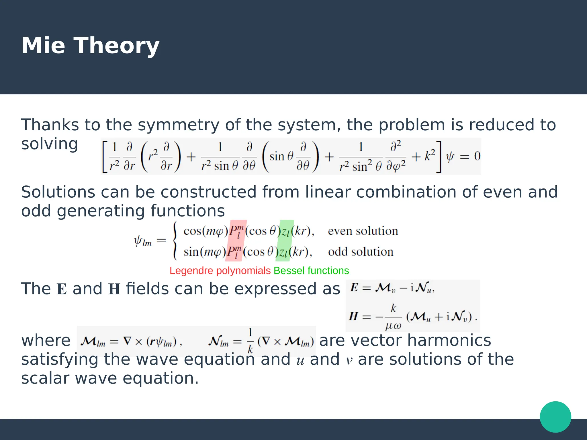 Mie Theory
Thanks to the symmetry of the system, the problem is reduced to
solving
Solutions can be constructed from linear combination of even and
odd generating functions
The E and H fields can be expressed as
where are vector harmonics
satisfying the wave equation and u and v are solutions of the
scalar wave equation.
Legendre polynomials Bessel functions
 