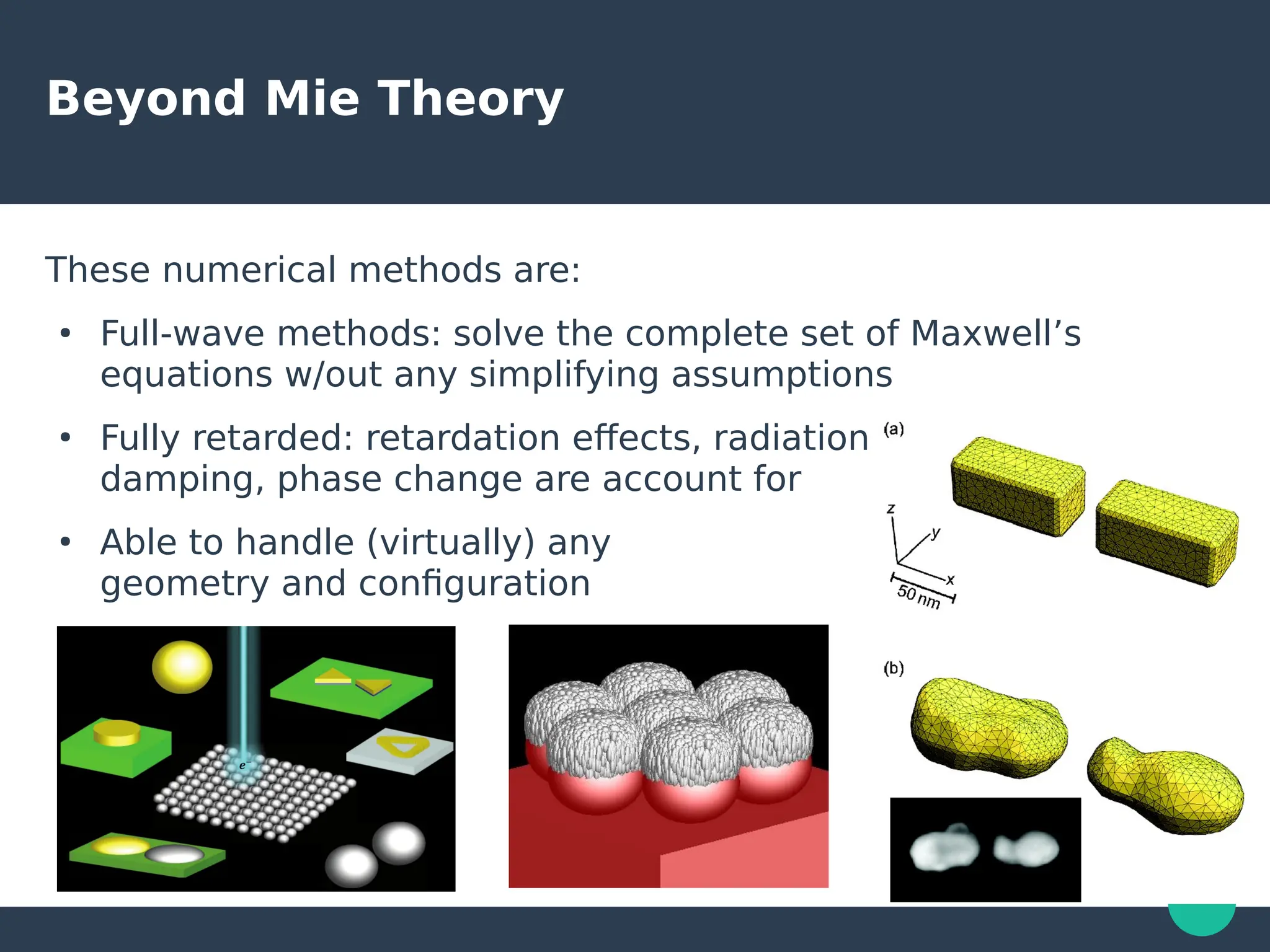 Beyond Mie Theory
These numerical methods are:
●
Full-wave methods: solve the complete set of Maxwell’s
equations w/out any simplifying assumptions
●
Fully retarded: retardation effects, radiation
damping, phase change are account for
●
Able to handle (virtually) any
geometry and configuration
 