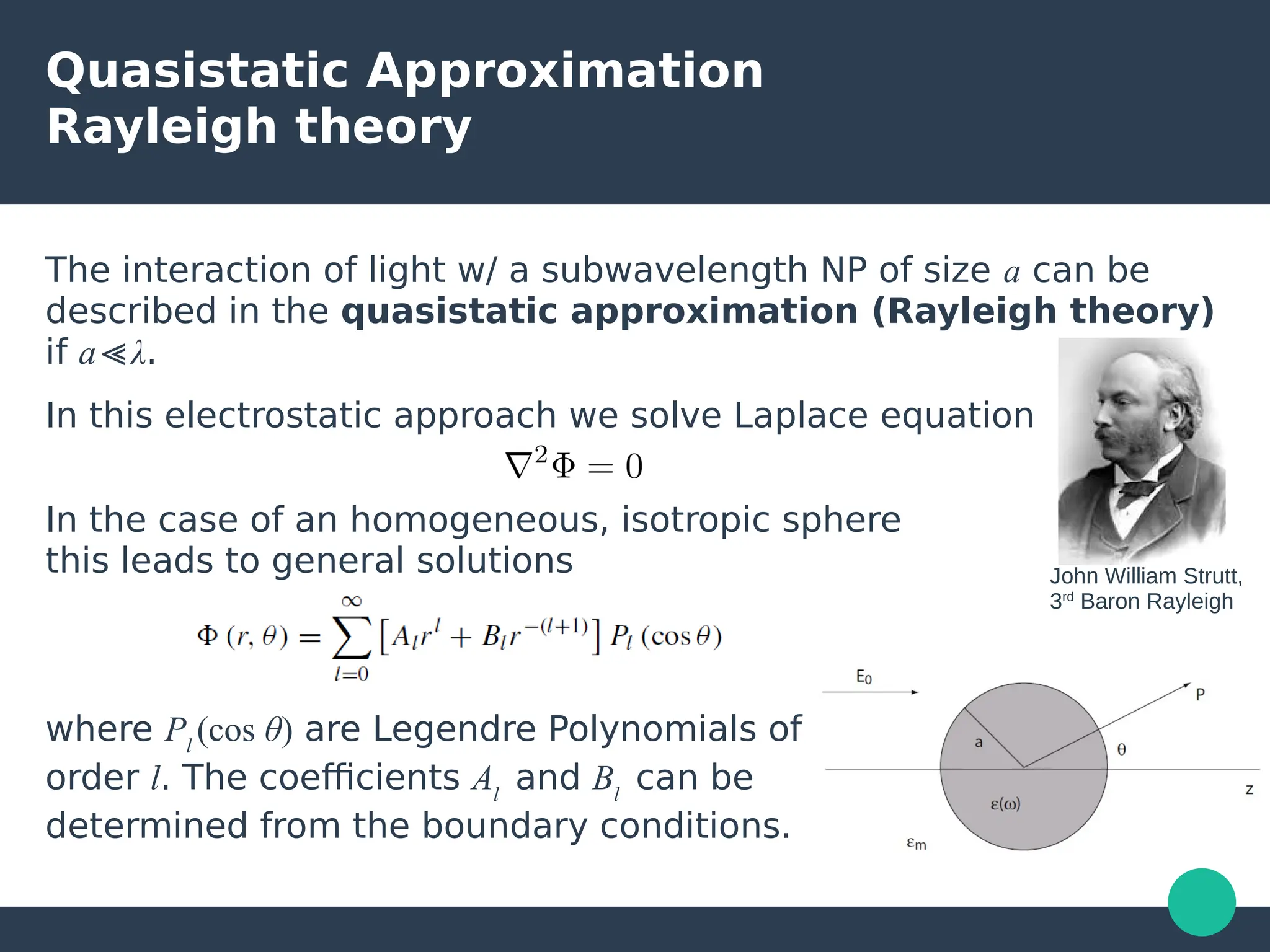 Quasistatic Approximation
Rayleigh theory
The interaction of light w/ a subwavelength NP of size a can be
described in the quasistatic approximation (Rayleigh theory)
if a≪λ.
In this electrostatic approach we solve Laplace equation
In the case of an homogeneous, isotropic sphere
this leads to general solutions
where Pl
(cos θ) are Legendre Polynomials of
order l. The coefficients Al
and Bl
can be
determined from the boundary conditions.
John William Strutt,
3rd
Baron Rayleigh
 