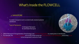 What’s Inside the FLOWCELL
5
1. NANOPORE
A protein nanopore is set in an electrically-resistant polymer
membrane.
Types of...