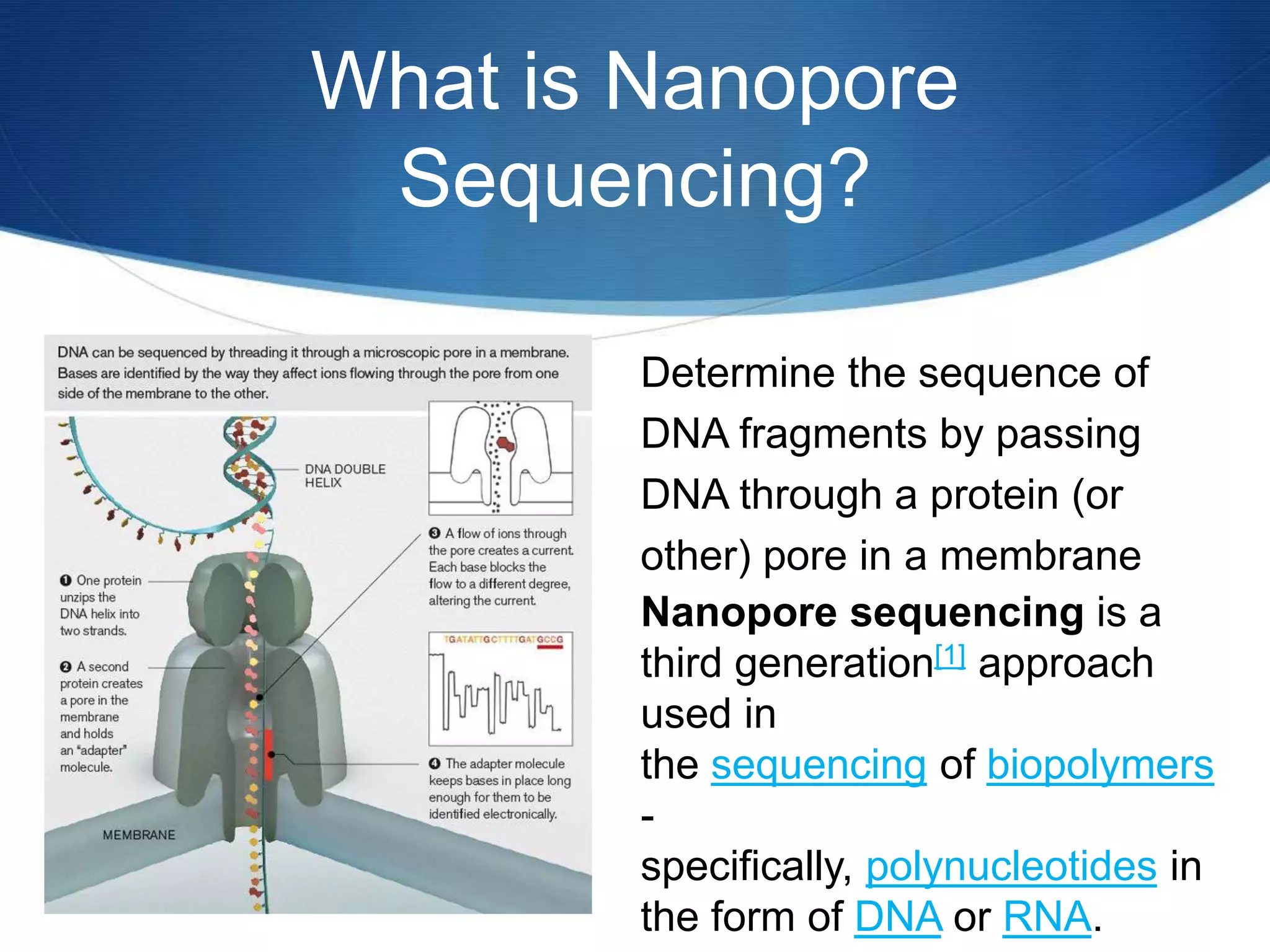 What is Nanopore
Sequencing?
Determine the sequence of
DNA fragments by passing
DNA through a protein (or
other) pore in a membrane
Nanopore sequencing is a
third generation[1] approach
used in
the sequencing of biopolymers
-
specifically, polynucleotides in
the form of DNA or RNA.
 