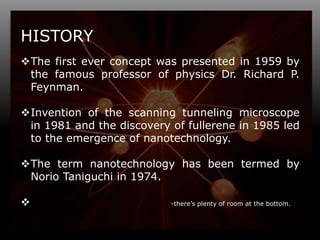 5
HISTORY
The first ever concept was presented in 1959 by
the famous professor of physics Dr. Richard P.
Feynman.
Invention of the scanning tunneling microscope
in 1981 and the discovery of fullerene in 1985 led
to the emergence of nanotechnology.
The term nanotechnology has been termed by
Norio Taniguchi in 1974.
 -there’s plenty of room at the bottom.
 