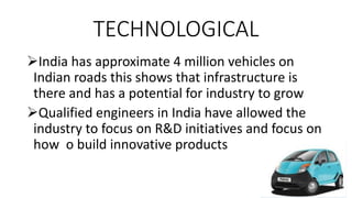 TECHNOLOGICAL
India has approximate 4 million vehicles on
Indian roads this shows that infrastructure is
there and has a potential for industry to grow
Qualified engineers in India have allowed the
industry to focus on R&D initiatives and focus on
how o build innovative products
 