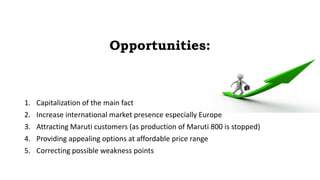 Opportunities:
1. Capitalization of the main fact
2. Increase international market presence especially Europe
3. Attracting Maruti customers (as production of Maruti 800 is stopped)
4. Providing appealing options at affordable price range
5. Correcting possible weakness points
 