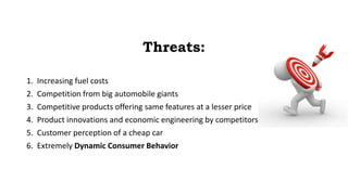 Threats:
1. Increasing fuel costs
2. Competition from big automobile giants
3. Competitive products offering same features at a lesser price
4. Product innovations and economic engineering by competitors
5. Customer perception of a cheap car
6. Extremely Dynamic Consumer Behavior
 