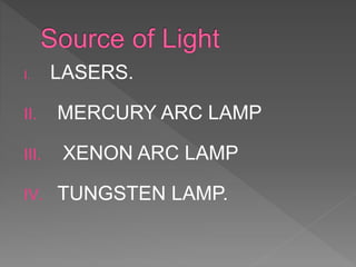 I. LASERS.
II. MERCURY ARC LAMP
III. XENON ARC LAMP
IV. TUNGSTEN LAMP.
 