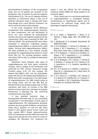 102 | n a n o P T 2 0 1 6 B r a g a ( P o r t u g a l )
pharmacokinetics problems of the encapsulated
drugs and can be guided and localized to the
therapeutic sites of interest by external magnetic
field gradients [1,2]. The use of magneto-sensitive
liposomes as nanocarriers allows a safer use of
powerful anticancer drugs in therapy with lower
drug dosage and a more efficient treatment, not
only in cancer but also in other diseases.
In this work, manganese ferrite (MnFe2O4)
nanoparticles with superparamagnetic behaviour
at room temperature and size distribution of
26 ± 5 nm, were obtained by coprecipitation
method. Structural and magnetic properties of the
nanoparticles (NPs) were evaluated by XRD, HR-
TEM and SQUID. The synthesized NPs were either
entrapped in liposomes, originating aqueous
magnetoliposomes (AMLs), or covered with a lipid
bilayer, forming solid magnetoliposomes (SMLs),
the latter prepared by a new method, recently
developed for magnetoliposomes based on nickel
ferrite NPs [3]. The resulting liposomes exhibit
sizes below 150 nm (Fig. 1), suitable for biomedical
applications.
Membrane fusion between both types of
magnetoliposomes and GUVs (giant unilamellar
vesicles), used as models of cell membranes, was
confirmed by FRET (Förster Resonance Energy
Transfer) assays [3-5]. For that purpose, the
labeled lipid NBD-C12-HPC and the hydrophobic
probe Nile Red (or the labeled lipid Rhodamine B-
DOPE) were both incorporated in the lipid bilayer
of magnetoliposomes, the NBD moiety acting as
the energy donor and the dye Nile Red (or
Rhodamine B) as the energy acceptor (Fig. 2). After
interaction with GUVs, an increase in the NBD
(donor) emission band and a decrease of acceptor
fluorescence is observed (Fig. 2A), confirming
membrane fusion (Fig. 2B) [5].
A new potential antitumor drug, a
thienopyridine derivative (Fig. 3), was successfully
incorporated in the lipid bilayer of both types of
magnetoliposomes. This thienopyridine derivative
presents very low growth inhibitory concentration
values (GI50), between 3.5 and 6.9 µM, when
tested in vitro against several human tumor cell
lines, namely MCF-7 (breast adenocarcinoma),
A375-C5 (melanoma) and NCI-H460 (non-small cell
lung cancer) and was the most active of a series of
analogues [6]. Moreover, this compound has
shown a very low affinity for the multidrug
resistance protein MDR1 [7], being suitable as an
anticancer agent.
These results point to a promising application
of magnetoliposomes in oncological therapy,
simultaneously as hyperthermia agents and as
nanocarriers for antitumor drugs, taking also
advantage of magnetic directioning.
R e f e r e n c e s
[1] A. S. Lubbe, C. Bergemann, J. Brock, D. G.
McClure, J. Magn. Magn. Mat. 194 (1999) 149-
155.
[2] S. Dandamudi, R. B. Campbell, Biomaterials 28
(2007) 4673-4683.
[3] A. R. O. Rodrigues, I. T. Gomes, B. G. Almeida, J. P.
Araújo, E. M. S. Castanheira, P. J. G. Coutinho,
Phys. Chem. Chem. Phys. 17 (2015) 18011-18021.
[4] A. R. O. Rodrigues, I. T. Gomes, B. G. Almeida, J. P.
Araújo, E. M. S. Castanheira, P. J. G. Coutinho,
Mat. Chem. Phys. 148 (2014) 978-987.
[5] A. R. O. Rodrigues, J. M. F. Ramos, I. T. Gomes, B.
G. Almeida, J. P. Araújo, M.-J. R. P. Queiroz, E. M.
S. Castanheira, P. J. G. Coutinho, submitted to
publication.
[6] M.-J. R. P. Queiroz, R. C. Calhelha, L. Vale-Silva, E.
Pinto, M. S.-J. Nascimento, Eur. J. Med. Chem. 45
(2010) 5732-5738.
[7] C. N. C. Costa, A. C. L. Hortelão, J. M. F. Ramos, A.
D. S. Oliveira, R. C. Calhelha, M.-J. R. P. Queiroz, P.
J. G. Coutinho, E. M. S. Castanheira, Photochem.
Photobiol. Sci. 13 (2014) 1730-1740.
F i g u r e s
Figure 1: TEM image
of solid
magnetoliposomes
(SMLs) containing
MnFe2O4 NPs.
 