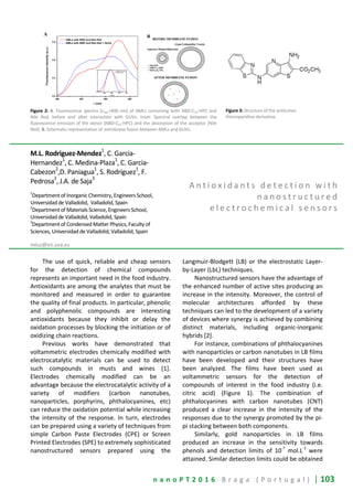 n a n o P T 2 0 1 6 B r a g a ( P o r t u g a l ) | 103
Figure 2: A. Fluorescence spectra (λexc=400 nm) of AMLs containing both NBD-C12-HPC and
Nile Red, before and after interaction with GUVs. Inset: Spectral overlap between the
fluorescence emission of the donor (NBD-C12-HPC) and the absorption of the acceptor (Nile
Red). B. Schematic representation of membrane fusion between AMLs and GUVs.
Figure 3: Structure of the antitumor
thienopyridine derivative.
M.L. Rodriguez-Mendez1
, C. Garcia-
Hernandez1
, C. Medina-Plaza1
, C. Garcia-
Cabezon
2
,D. Paniagua1
, S. Rodriguez1
, F.
Pedrosa2
, J.A. de Saja3
1
Department of Inorganic Chemistry, Engineers School,
Universidad de Valladolid, Valladolid, Spain
2
Department of Materials Science, Engineers School,
Universidad de Valladolid, Valladolid, Spain
3
Department of Condensed Matter Physics, Faculty of
Sciences, Universidad de Valladolid, Valladolid, Spain
mluz@eii.uva.es
A n t i o x i d a n t s d e t e c t i o n w i t h
n a n o s t r u c t u r e d
e l e c t r o c h e m i c a l s e n s o r s
The use of quick, reliable and cheap sensors
for the detection of chemical compounds
represents an important need in the food industry.
Antioxidants are among the analytes that must be
monitored and measured in order to guarantee
the quality of final products. In particular, phenolic
and polyphenolic compounds are interesting
antioxidants because they inhibit or delay the
oxidation processes by blocking the initiation or of
oxidizing chain reactions.
Previous works have demonstrated that
voltammetric electrodes chemically modified with
electrocatalytic materials can be used to detect
such compounds in musts and wines [1].
Electrodes chemically modified can be an
advantage because the electrocatalytic activity of a
variety of modifiers (carbon nanotubes,
nanoparticles, porphyrins, phthalocyanines, etc)
can reduce the oxidation potential while increasing
the intensity of the response. In turn, electrodes
can be prepared using a variety of techniques from
simple Carbon Paste Electrodes (CPE) or Screen
Printed Electrodes (SPE) to extremely sophisticated
nanostructured sensors prepared using the
Langmuir-Blodgett (LB) or the electrostatic Layer-
by-Layer (LbL) techniques.
Nanostructured sensors have the advantage of
the enhanced number of active sites producing an
increase in the intensity. Moreover, the control of
molecular architectures afforded by these
techniques can led to the development of a variety
of devices where synergy is achieved by combining
distinct materials, including organic-inorganic
hybrids [2].
For instance, combinations of phthalocyanines
with nanoparticles or carbon nanotubes in LB films
have been developed and their structures have
been analyzed. The films have been used as
voltammetric sensors for the detection of
compounds of interest in the food industry (i.e.
citric acid) (Figure 1). The combination of
phthalocyanines with carbon nanotubes (CNT)
produced a clear increase in the intensity of the
responses due to the synergy promoted by the pi-
pi stacking between both components.
Similarly, gold nanoparticles in LB films
produced an increase in the sensitivity towards
phenols and detection limits of 10
-7
mol.L
-1
were
attained. Similar detection limits could be obtained
 