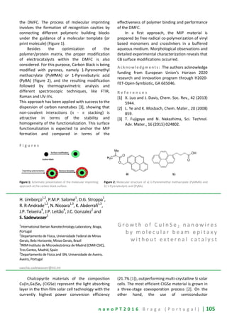 n a n o P T 2 0 1 6 B r a g a ( P o r t u g a l ) | 105
the DMFC. The process of molecular imprinting
involves the formation of recognition cavities by
connecting different polymeric building blocks
under the guidance of a molecular template (or
print molecule) (Figure 1).
Besides the optimization of the
polymer/protein matrix, the proper modification
of electrocatalysts within the DMFC is also
considered. For this purpose, Carbon Black is being
modified with pyrenes, namely 1-Pyrenemethyl
methacrylate (PyMMA) or 1-Pyrenebutyric acid
(PyBA) (Figure 2), and the resulting modification
followed by thermogravimetric analysis and
different spectroscopic techniques, like FTIR,
Raman and UV-Vis.
This approach has been applied with success to the
dispersion of carbon nanotubes [3], showing that
non-covalent interactions (π - π stacking) is
attractive in terms of the stability and
homogeneity of the functionalization. This surface
functionalization is expected to anchor the MIP
formation and compared in terms of the
effectiveness of polymer binding and performance
of the DMFC.
In a first approach, the MIP material is
prepared by free radical co-polymerization of vinyl
based monomers and crosslinkers in a buffered
aqueous medium. Morphological observations and
detailed experimental characterization reveals that
CB surface modifications occurred.
Acknowledgments: The authors acknowledge
funding from European Union’s Horizon 2020
research and innovation program through H2020-
FET-Open-Symbiotic, GA 665046.
R e f e r e n c e s
[1] X. Luo and J. Davis, Chem. Soc. Rev., 42 (2013)
5944.
[2] L. Ye and K. Mosbach, Chem. Mater., 20 (2008)
859.
[3] T. Fujigaya and N. Nakashima, Sci. Technol.
Adv. Mater., 16 (2015) 024802.
F i g u r e s
Figure 1: Schematic presentation of the molecular imprinting
approach at the carbon black surface.
Figure 2: Molecular structure of a) 1-Pyrenemethyl methacrylate (PyMMA) and
b) 1-Pyrenebutyric acid (PyBA).
H. Limborço
1,2
, P.M.P. Salomé
1
, D.G. Stroppa
1
,
R. R-Andrade1,2
, N. Nicoara1,3
, K. Abderrafi1,3
,
J.P. Teixeira
4
, J.P. Leitão
4
, J.C. Gonzalez
2
and
S. Sadewasser1
1
International Iberian Nanotechnology Laboratory, Braga,
Portugal
2
Departamento de Física, Universidade Federal de Minas
Gerais, Belo Horizonte, Minas Gerais, Brazil
3
IMM-Instituto de Microelectrónica de Madrid (CNM-CSIC),
Tres Cantos, Madrid, Spain
4
Departamento de Física and I3N, Universidade de Aveiro,
Aveiro, Portugal
sascha.sadewasser@inl.int
G r o w t h o f C u I n S e 2 n a n o w i r e s
b y m o l e c u l a r b e a m e p i t a x y
w i t h o u t e x t e r n a l c a t a l y s t
Chalcopyrite materials of the composition
Cu(In,Ga)Se2 (CIGSe) represent the light absorbing
layer in the thin-film solar cell technology with the
currently highest power conversion efficiency
(21.7% [1]), outperforming multi-crystalline Si solar
cells. The most efficient CIGSe material is grown in
a three-stage coevaporation process [2]. On the
other hand, the use of semiconductor
 