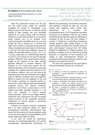 n a n o P T 2 0 1 6 B r a g a ( P o r t u g a l ) | 121
M. Zukalova, B. Pitna Laskova and L. Kavan
J. Heyrovský Institute of Physical Chemistry, v.v.i., AS CR,
Prague, Czech Republic
marketa.zukalova@jh-inst.cas.cz
L i ( N a ) i n s e r t i o n i n T i O 2
p o l y m o r p h s a n d t h e i r
c o m p o s i t e s w i t h g r a p h e n e f o r
b a t t e r y a p p l i c a t i o n s
Both TiO2 polymorphs (anatase and TiO2 (B))
and TiO2 based ternary oxides are attractive
candidates for anodes in rechargeable Li-ion
batteries, due to their low cost, non-toxicity, cycling
stability at high charging rate and reasonable
capacity [1, 2]. Li4Ti5O12 (spinel, LTO) has attracted
attention as a promising candidate for Li-ion battery
anode material due to its excellent Li-ion
insertion/extraction reversibility with zero structural
change [3]. Due to limited size of reserves and
higher cost to obtain Li, Na-based compounds have
made a comeback and several reports on Na storage
in LTO and TiO2 have been published recently as
well[4]. The reversible reaction, Li4Ti5O12 + 3Li
+
+ 3e
–
= Li7Ti5O12, takes place at a relatively high potential
of 1.55 V vs. Li
+
/Li, hence one can avoid the dendrite
problem, differently from carbon-based materials,
though at the expense of the lower working
potential difference in resultant batteries. This
character of LTO should also prevent the Na-
dendrite deposition, and LTO should be a promising
candidate of a negative electrode material for Na-
ion batteries. However, there are still issues to be
addressed; poor electrical conductivity and sluggish
Li/Na ion diffusion resulting in poor rate capability.
Efforts to improve the rate capability of TiO2 and
LTO include a synthesis of nanosized particles to
shorten the Li+/Na+ diffusion path and coating with
conductive species. The maximal Li-insertion
coefficient x (in LixTiO2) is usually close to 0.5 for
anatase, but larger reversible capacities, x = 0.8
were also reported in certain anatase
nanostructures[2]. Similar or even larger insertion
coefficients were obtained for TiO2 (B). An opened
channel structure of this metastable monoclinic
modification of titanium dioxide is particularly
suitable for Na storage.
Graphene has superior electronic conductivity
and is an ideal conductive additive for hybrid
nanostructured electrodes. Electrochemical tests
reveal that the presence of reduced graphene oxide
can increase the capacity and cycling stability of LTO
anodes, especially at higher C rate[5].
In our work we carried out systematical
screening of morphology-dependent and particle
size-dependent electrochemical performance of
different TiO2 polymorphs, LTO and their composites
with graphene prepared by both dry and wet
coating with graphene oxide during cyclic
voltammetry of Li insertion and
chronopotentiometry. The LTO-graphene composite
containing 5% of graphene made by wet coating
exhibited improved specific capacity of 169mAh/g as
compared to that of pure LTO (143 mAh/g). Li
insertion in TiO2(B) was considerably facilitated by
reduced graphene oxide coating (Figure 1). The
specific capacity calculated from cathodic branch of
cyclic voltammogram increased from 105 mAh/g
(TiO2(B)) to 188mAh/g for TiO2(B) composite with
graphene. In addition to this an influence of coating
procedure on properties of final composite was
studied as well. Electrochemical behavior of
composites made by wet coating was superior to dry
coated or non-coated TiO2 and LTO.
This work was supported by the Grant Agency
of the Czech Republic (contract No. 15-06511S).
R e f e r e n c e s
[1] B. Laskova, O. Frank, M. Zukalova, M. Bousa, M.
Dracinsky, L. Kavan, Chemistry of Materials, 25
(2013) 3710-3717.
[2] B. Laskova, M. Zukalova, A. Zukal, M. Bousa, L. Kavan,
Journal of Power Sources, 246 (2014) 103-109.
[3] L. Kavan, J. Prochazka, T.M. Spitler, M. Kalbac, M.T.
Zukalova, T. Drezen, M. Gratzel, Journal of the
Electrochemical Society, 150 (2003) A1000-A1007.
[4] M. Kitta, K. Kuratani, M. Tabuchi, N. Takeichi, T.
Akita, T. Kiyobayashi, M. Kohyama, Electrochimica
Acta, 148 (2014) 175-179.
[5] J. Zhang, Y. Cai, J. Wu, J. Yao, Electrochimica Acta,
165 (2015) 422-429.
F i g u r e s
Figure 1: Cyclic voltmmograms of Li insertion into TiO2(B) and TiO2(B)-
graphene composite. Scan rate: 01mV/s, electrolyte: M LiPF6 in
EC/DMC (1:1).
 