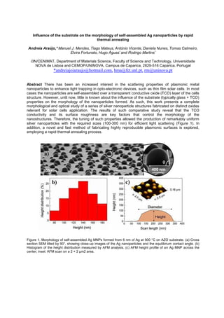 Influence of the substrate on the morphology of self-assembled Ag nanoparticles by rapid
thermal annealing
Andreia Araújo,* Manuel J. Mendes, Tiago Mateus, António Vicente, Daniela Nunes, Tomas Calmeiro,
Elvira Fortunato, Hugo Águas* and Rodrigo Martins*
i3N/CENIMAT, Department of Materials Science, Faculty of Science and Technology, Universidade
NOVA de Lisboa and CEMOP/UNINOVA, Campus de Caparica, 2829-516 Caparica, Portugal
*andreiajoiaraujo@hotmail.com, hma@fct.unl.pt, rm@uninova.pt
Abstract There has been an increased interest in the scattering properties of plasmonic metal
nanoparticles to enhance light trapping in opto-electronic devices, such as thin film solar cells. In most
cases the nanoparticles are self-assembled over a transparent conductive oxide (TCO) layer of the cells
structure. However, until now, little is known about the influence of the substrate (typically glass + TCO)
properties on the morphology of the nanoparticles formed. As such, this work presents a complete
morphological and optical study of a series of silver nanoparticle structures fabricated on distinct oxides
relevant for solar cells application. The results of such comparative study reveal that the TCO
conductivity and its surface roughness are key factors that control the morphology of the
nanostructures. Therefore, the tuning of such properties allowed the production of remarkably uniform
silver nanoparticles with the required sizes (100-300 nm) for efficient light scattering (Figure 1). In
addition, a novel and fast method of fabricating highly reproducible plasmonic surfaces is explored,
employing a rapid thermal annealing process.
Figure 1. Morphology of self-assembled Ag MNPs formed from 6 nm of Ag at 500 °C on AZO substrate. (a) Cross
section SEM tilted by 90°, showing close-up images of the Ag nanoparticles and the equilibrium contact angle. (b)
Histogram of the height distribution measured by AFM analysis. (c) AFM height profile of an Ag MNP across the
 