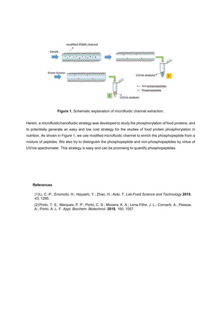 Figure 1. Schematic explanation of microfluidic channel extraction.
Herein, a microfluidic/nanofluidic strategy was developed to study the phosphorylation of food proteins, and
to potentially generate an easy and low cost strategy for the studies of food protein phosphorylation in
nutrition. As shown in Figure 1, we use modified microfluidic channel to enrich the phosphopeptide from a
mixture of peptides. We also try to distinguish the phosphopeptide and non-phosphopeptides by virtue of
UV/vis spectrometer. This strategy is easy and can be promising to quantify phosphopeptides.
References
(1)Li, C.-P.; Enomoto, H.; Hayashi, Y.; Zhao, H.; Aoki, T. Lwt-Food Science and Technology 2010,
43, 1295.
(2)Porto, T. S.; Marques, P. P.; Porto, C. S.; Moreira, K. A.; Lima-Filho, J. L.; Converti, A.; Pessoa,
A.; Porto, A. L. F. Appl. Biochem. Biotechnol. 2010, 160, 1057.
 