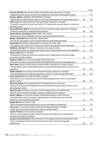14 | n a n o P T 2 0 1 6 B r a g a ( P o r t u g a l )
Page
Ferreira, Ricardo (International Iberian Nanotechnology Laboratory, Portugal)
“Magnetoresistive Sensors aiming room temperature detection of biomagnetic fields” I 37
Ferreira, Nádia S. (BioMark-CINTESIS/ISEP, Portugal)
“Carbon Black modification for polymer anchoring targeting fuel cell powered biosensors” OP 58
Gallo, Juan (International Iberian Nanotechnology Laboratory, Portugal)
“Tuning the relaxation rates of dual mode T1/T2 nanoparticle contrast agents: a study into
the ideal system” O 59
García-Martínez, Noel A. (International Iberian Nanotechnology Laboratory, Portugal)
“Hyperfine interaction in hydrogenated graphene” OP 60
Garcia-Martin, Jose Miguel (IMM / CNM - CSIC, Spain)
“Nanostructured biocompatible coatings to prevent implant infections” O 61
Gerber, Christoph (Basel University, Switzerland)
“Pushing the boundaries in personalized healthcare with AFM technology” K 22
Gimzewski, Jim (California Nanosystems Institute and UCLA, USA)
“Development of a "Brain-like" Computation system using Atomic Switch Networks” K 23
Goldblum, Amiram (The Hebrew University of Jerusalem, Israel)
“Computational Discovery of Liposomal Drugs: From in silico predictions to in vivo validation” O 62
Gomes, João (CeNTI, Portugal)
“Development of fully bioresponsive printed sensors: exploring the electronic tongue
concept for specific analytes” O 63
Grützner, Gabi (micro resist technology GmbH, Germany)
“Material Innovations Enabling Advanced Nanofabrication for Lab to Fab Application” K 23
Guan, Nan (Institut d´Electronique Fondamentale,Université Paris-Saclay, France)
“Flexible White Light-Emitting Diodes Based on Vertical Nitride Nanowires and micro-size
phosphors” OP 64
Guldris, Noelia (International Iberian Nanotechnology Laboratory, Portugal)
“Ultrasmall Doped Iron Oxide Nanoparticles as Dual T1-T2 Contrast Agents for MRI” OP 66
Hora, Carolina (Biomark-CINTESIS/ISEP, Portugal)
“Development of an autonomous electrical biosensing device for a colon-rectal cancer
protein marker” OP 67
Ibarlucea, Bergoi (TU Dresden/Institute for Material Science, Germany)
“Honeycomb-nanowire field-effect transistors for bacterial activity determination in non-
diluted growth media” O 68
Karasulu, Bora (Eindhoven University of Technology (TU/e), The Netherlands)
“Atomic-Scale Simulations of High-κ Dielectrics Deposition on Graphene” O 69
Kavan, Ladislav (J. Heyrovsky Institute of Physical Chemistry, Czech Republic)
“Advanced Nanocarbons (Graphene, Nanodiamond and Beyond) as the Electrode
Materials in Dye-Sensitized Solar Cells” O 70
Korgel, Brian A. (UT Austin, USA)
“Silicon and Germanium Nanowires for Lithium and Sodium Ion Batteries” K 24
Lado, Jose L. (International Iberian Nanotechnology Laboratory, Portugal)
“Large scale calculations of electronic structure of 2D Crystals” OP 72
Laurell, Thomas (Lund University, Sweden)
“Acoustic seed-trapping enables rapid enrichment and purification of nanovesicles
involved extracellular signalling” K 25
Lemma, Enrico Domenico (Istituto Italiano di Tecnologia & Università del Salento, Italy)
“Static and Dynamic Mechanical Characterization of Two-photon Lithography
Photoresists” OP 73
 