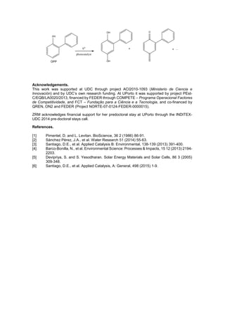 OH
O
O
OH
OH
+ ...h
photocatalyst
OPP
+
Acknowledgements.
This work was supported at UDC through project ACI2010-1093 (Ministerio de Ciencia e
Innovación) and by UDC’s own research funding. At UPorto it was supported by project PEst-
C/EQB/LA0020/2013, financed by FEDER through COMPETE – Programa Operacional Factores
de Competitividade, and FCT – Fundação para a Ciência e a Tecnologia, and co-financed by
QREN, ON2 and FEDER (Project NORTE-07-0124-FEDER-0000015).
ZRM acknowledges financial support for her predoctoral stay at UPorto through the INDITEX-
UDC 2014 pre-doctoral stays call.
References.
[1] Pimentel, D. and L. Levitan. BioScience, 36 2 (1986) 86-91.
[2] Sánchez Pérez, J.A., et al. Water Research 51 (2014) 55-63.
[3] Santiago, D.E., et al. Applied Catalysis B: Environmental, 138-139 (2013) 391-400.
[4] Barco-Bonilla, N., et al. Environmental Science: Processes & Impacts, 15 12 (2013) 2194-
2203.
[5] Devipriya, S. and S. Yesodharan. Solar Energy Materials and Solar Cells, 86 3 (2005)
309-348.
[6] Santiago, D.E., et al. Applied Catalysis, A: General, 498 (2015) 1-9.
 
