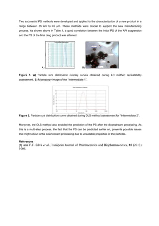 Two successful PS methods were developed and applied to the characterization of a new product in a
range between 35 nm to 40 µm. These methods were crucial to support the new manufacturing
process. As shown above in Table 1, a good correlation between the initial PS of the API suspension
and the PS of the final drug product was attained.
A)
Particle Size Distribution
0.01 0.1 1 10 100 1000 3000
Particle Size (µm)
0
0.5
1
1.5
2
2.5
3
3.5
4
4.5
5
5.5
6
6.5
7
7.5
8
8.5
9
9.5
10
10.5
11
11.5
12
12.5
13
13.5
14
14.5
Volume(%)
B)
Figure 1. A) Particle size distribution overlay curves obtained during LD method repeatability
assessment. B) Microscopy image of the
Figure 2. Particle size distribution curve obtained during DLS method assessment .
Moreover, the DLS method also enabled the prediction of the PS after the downstream processing. As
this is a multi-step process, the fact that the PS can be predicted earlier on, prevents possible issues
that might occur in the downstream processing due to unsuitable properties of the particles.
References
[1] Ana F.T. Silva et al., European Journal of Pharmaceutics and Biopharmaceutics, 85 (2013)
1006.
 
